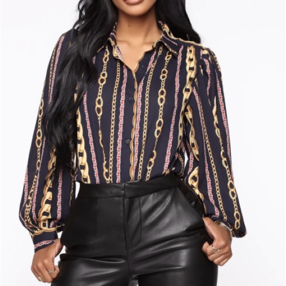 Ovi Tops - Ovi Black and Gold Chain Pattern Blouse Sz L